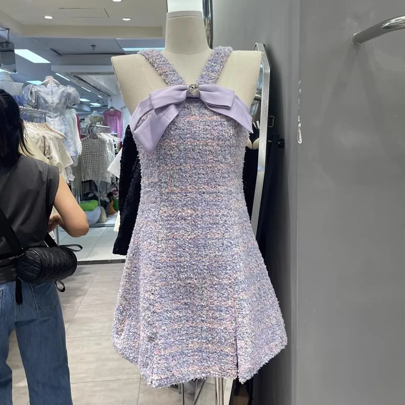 

Purple Tweed Dress Luxury Women 2023 Summer Korean Sweet Bow Halter Tank A-Line Dress Pretty Premium Short Birthday Party Gown
