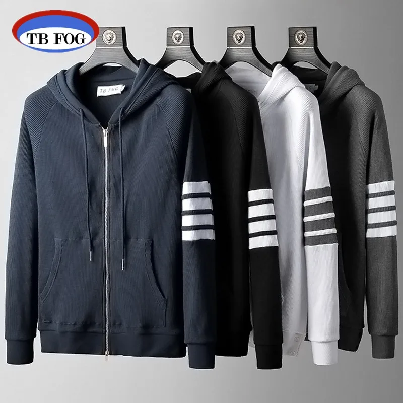 

TB FOG Thom Waffle Hoodie Sweatshirts Spring Autumn Casual Drawstring Hat Tops Fashion Four Bar Stripes Jogging Sweatshirts 2023