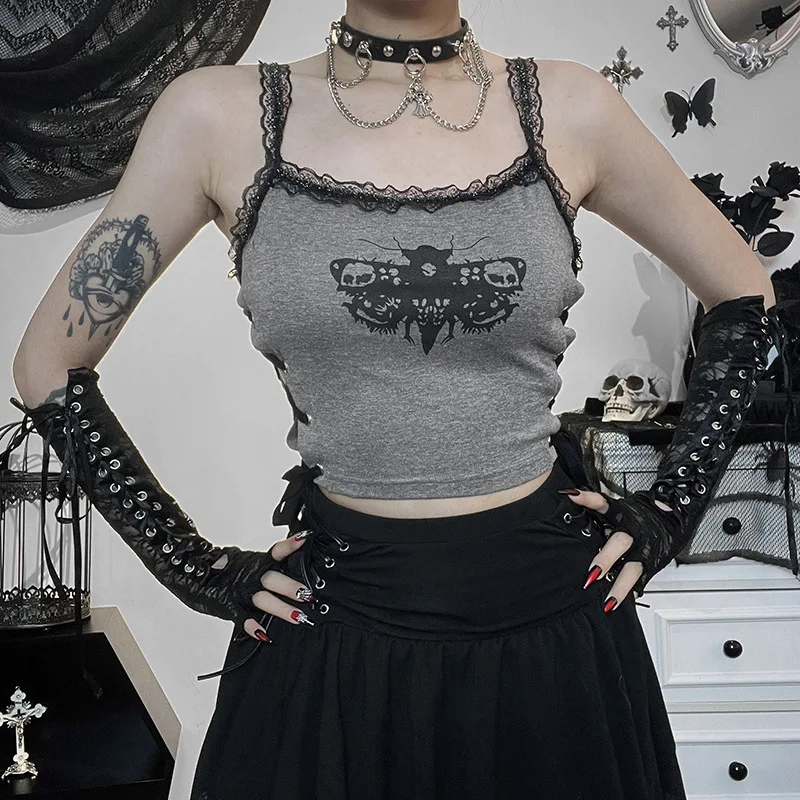 

Gothic Dark Butterfly Graphic Gothic Aesthetic Camis Y2k Streetwear Lace Grunge Style Crop Tops Women E girl Fashion Alt Cloth