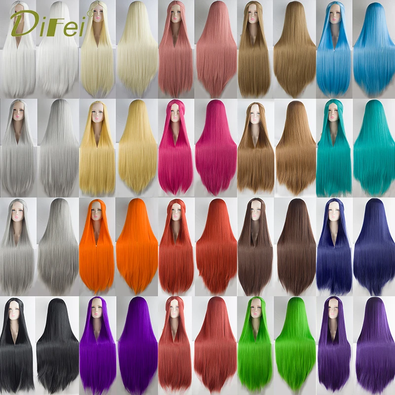 DIFEI Synthetic 100CM Long Straight Mid-point Cosplay Wig High-Quality Natural Heat-resistant Two-dimensional Anime Wig
