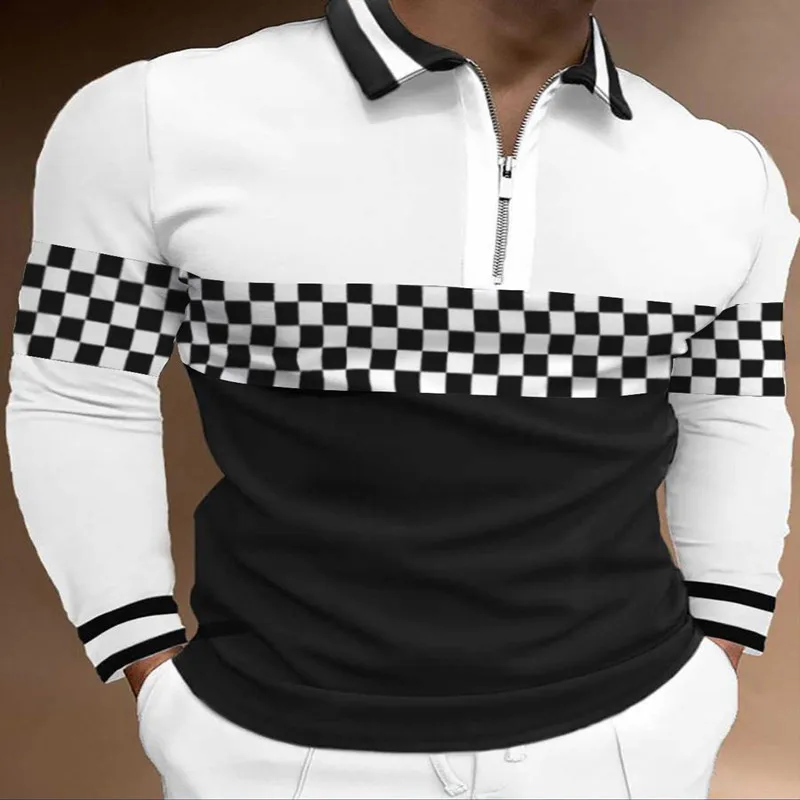 

2022 Men's Plaid Polo Shirt With Long Sleeves Polo Shirts Men Casual Slim Fit Zipper Design Polos Men Jerseys Plus Size Slim