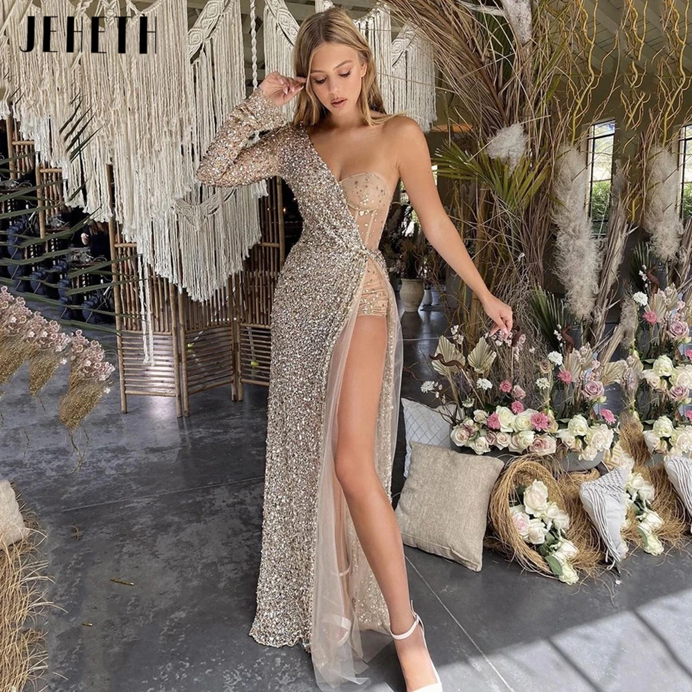 JEHETH Sparkly Champagne Gold Evening Dresses 2022 Sequins One Shoulder Long Sleeve Sexy High Side Slit Formal Party Prom Gown
