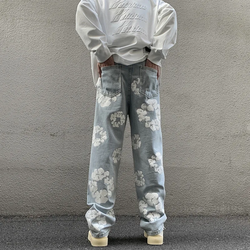 Blue Flower Jeans Men Fashion Casual Print Baggy Jeans Men Streetwear Hip-hop Loose Straight Denim Pants Mens Trousers M-3XL