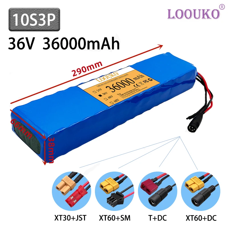 

LOOUKO 10S3P 36V 36000mAh Ebike Battery Pack 18650 Lithium Ion Battery 500W High Power And Large Capacity 42V Motorcycle Scooter