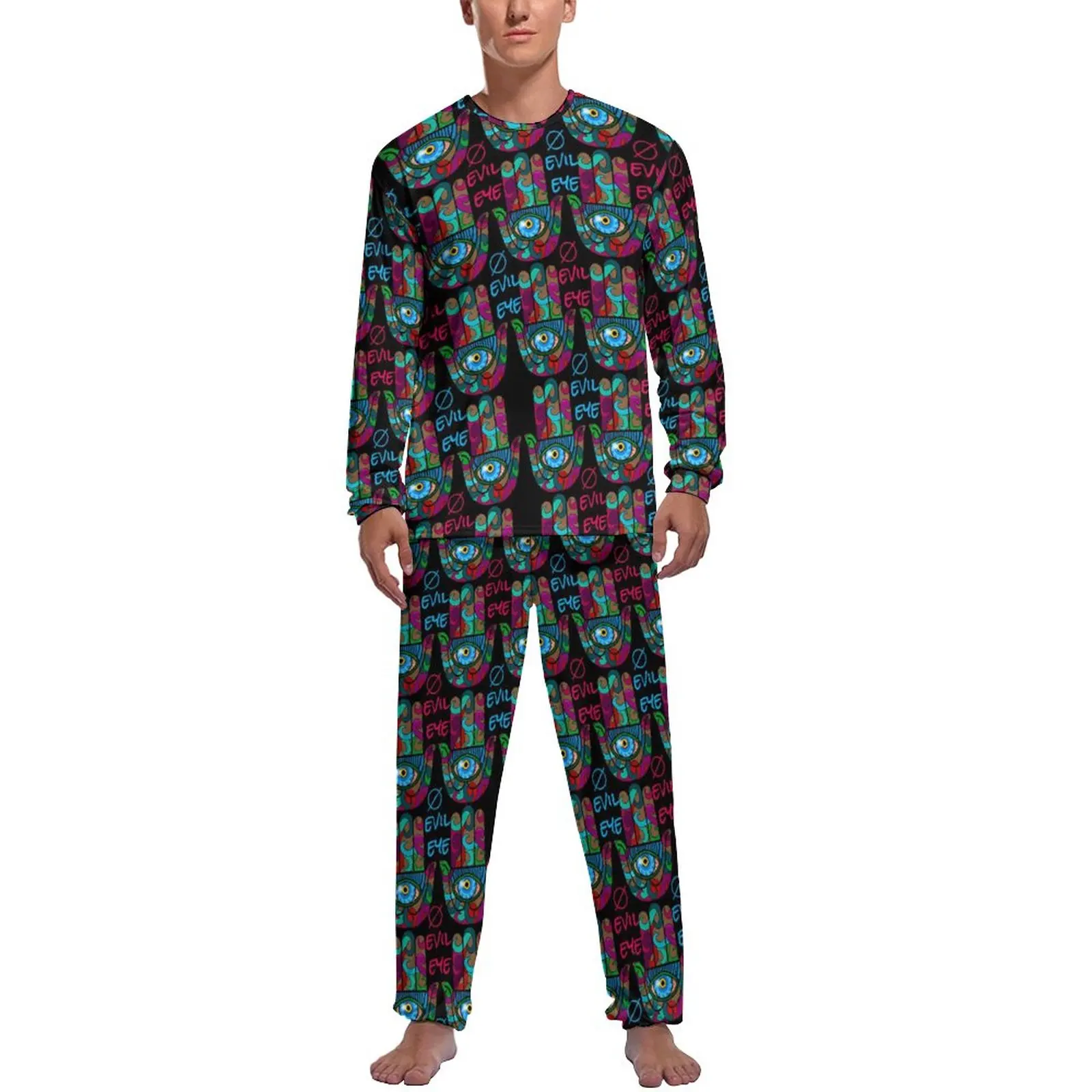 

Colorful Hamsa Hand Pajamas Male Evil Eye Print Kawaii Sleepwear Spring Long Sleeve 2 Pieces Sleep Design Pajamas Set
