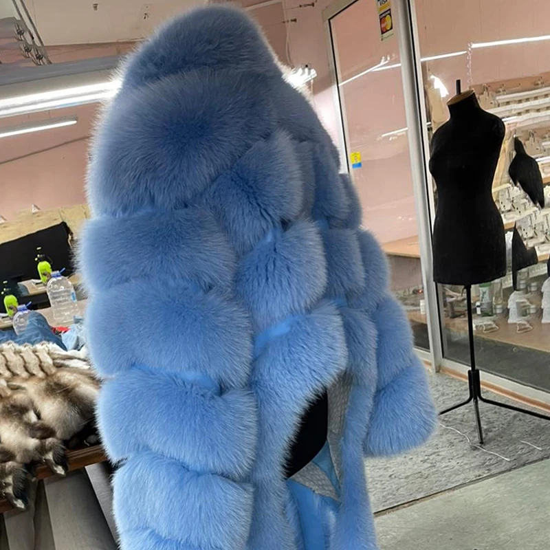 Natural Fox Fur Coat Women High Street Tassel Light Blue Outertwear Lady Winter Thicken Tide Genuine Real Fox Fur Jacket Female