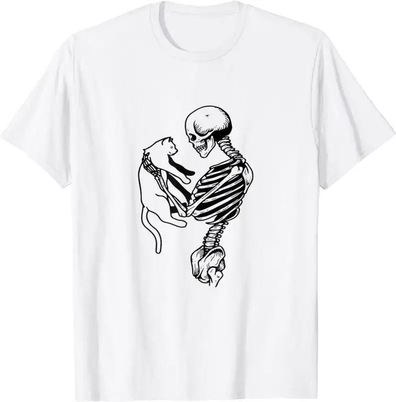 

Футболка На Хэллоуин с забавным скелетом и кошкой