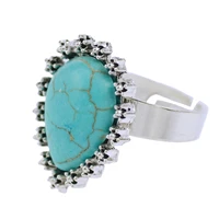 exaggeration retro metal punk style teardrop oval shape turquoise ring set antique carved silver plated adjustable rings
