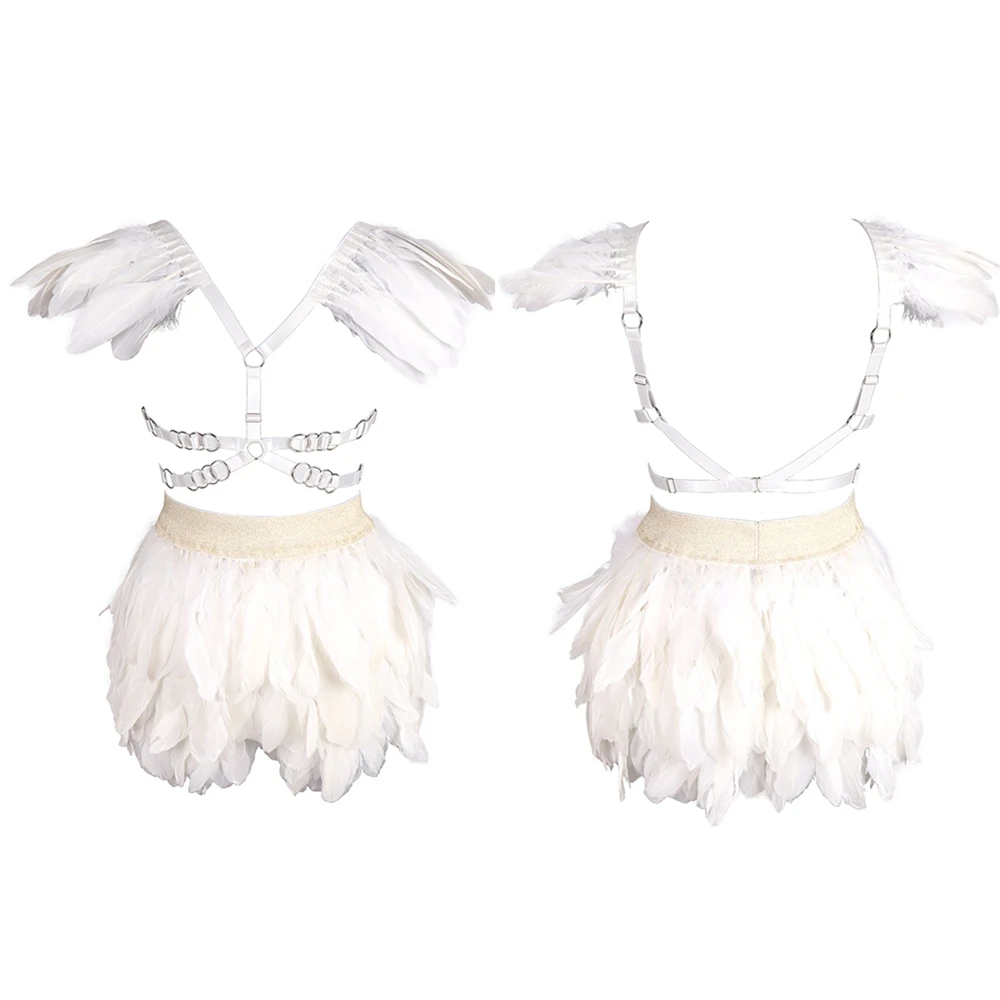 

Natural Feather Strappy Set Goth Women's Underwear Costume Dance Rave Sexy Lingerie Punk Harness Stocking Suspender Garter Belts