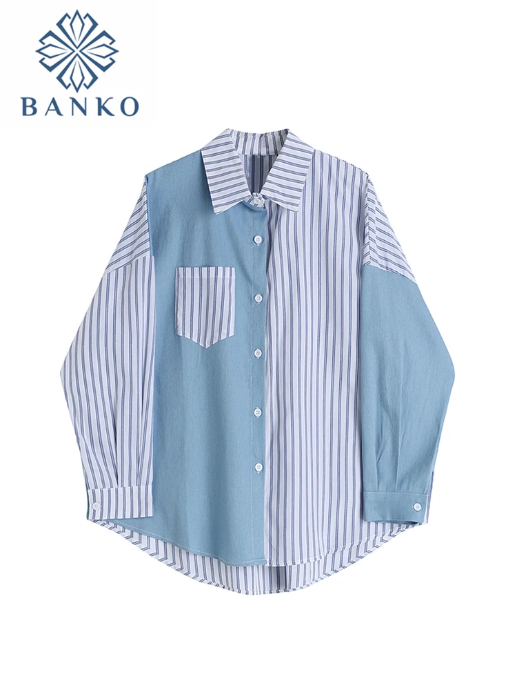 Women Streetwear BF Couple Clothes Loose Leisure Striped Patchwork Ladies Shirts Korean Style Turn-down Collar Pockets Blouse