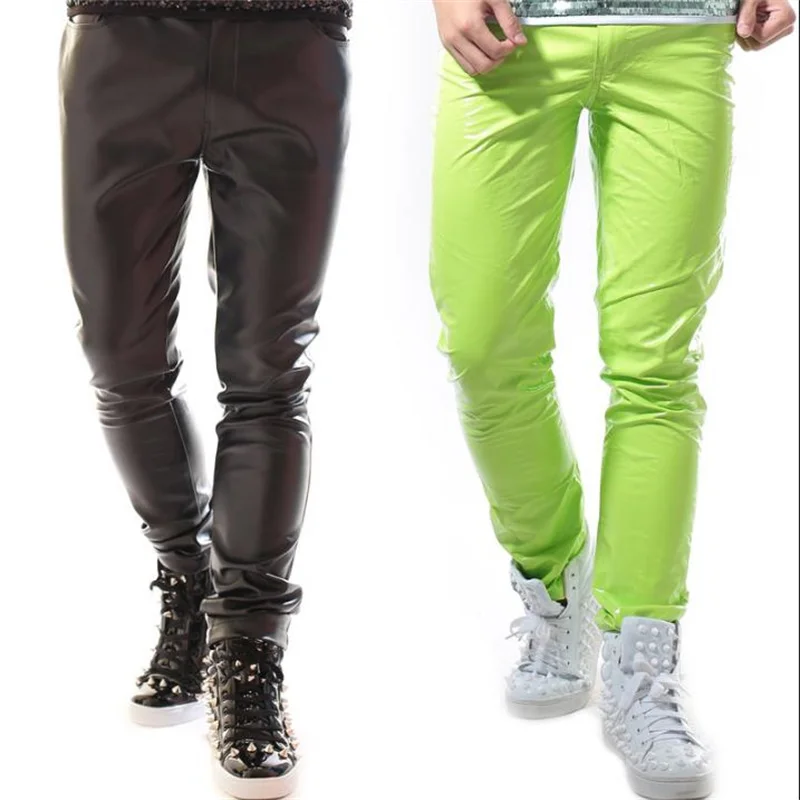 Stage personality men leather pants casual pant men pu trousers singer dance rock fashion pantalon homme punk novelty candy neon