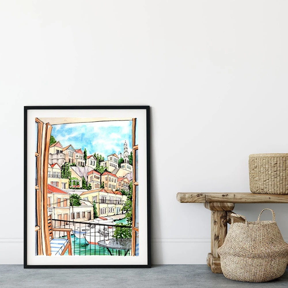 

Cartoon Travel City Poster Greece Amsterdam Landscape Canvas Print Wall Art Pictures for Home Decoration Interior Paintings