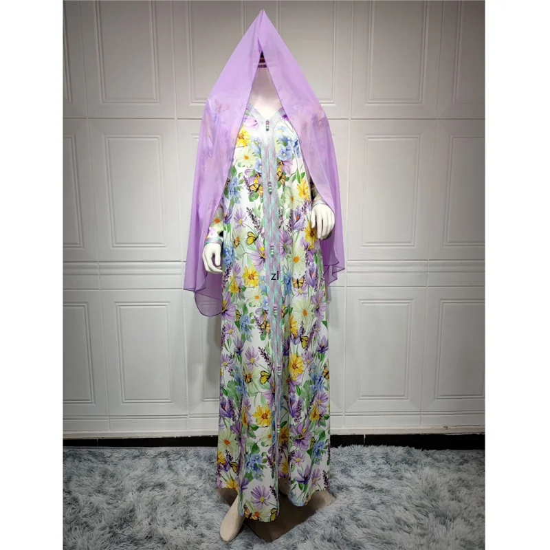 Ramadan Eid Floral Print Vintage Abaya Moroccan Kaftan Muslim Dress Hijab Women Turkey Jalabiya Arabic Oman Clothing Caftan Robe