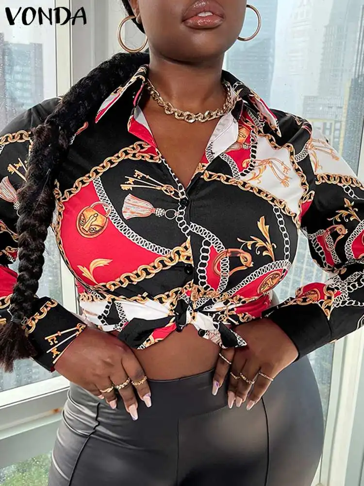 

2022, Дамская Блузка VONDA с отложным воротником, женская рубашка на пуговицах, топы, весна-осень, женская рубашка с длинным рукавом и принтом