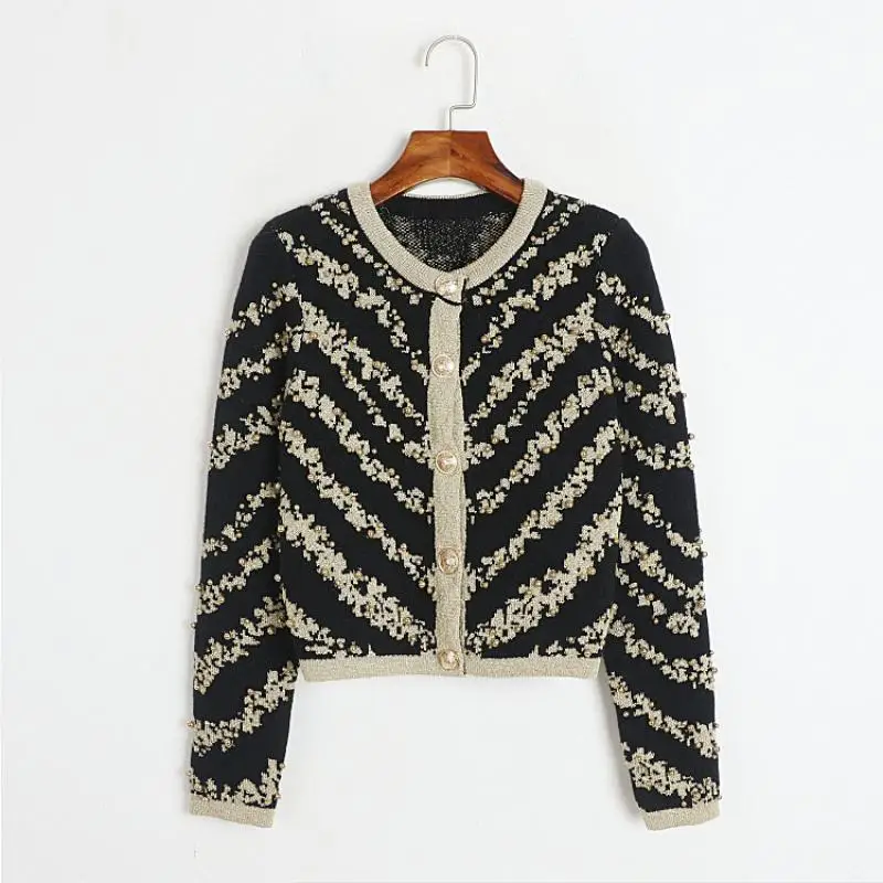 

Luxury Women Single Breasted Cardigans Beading Striped Casual Knitwear Long Sleeve Sweaters Tops 2023 Fall Winter New