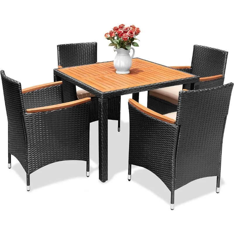 

Обеденный набор из 5 предметов для внутреннего дворика, стол и стулья из дерева акации на открытом воздухе с мягкими подушками из плетеной ткани