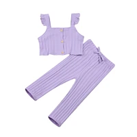 2pcs kid baby girls solid ribbed sets sleeveless button top long pants children toddler summer outfits baby clothing 12m 5t