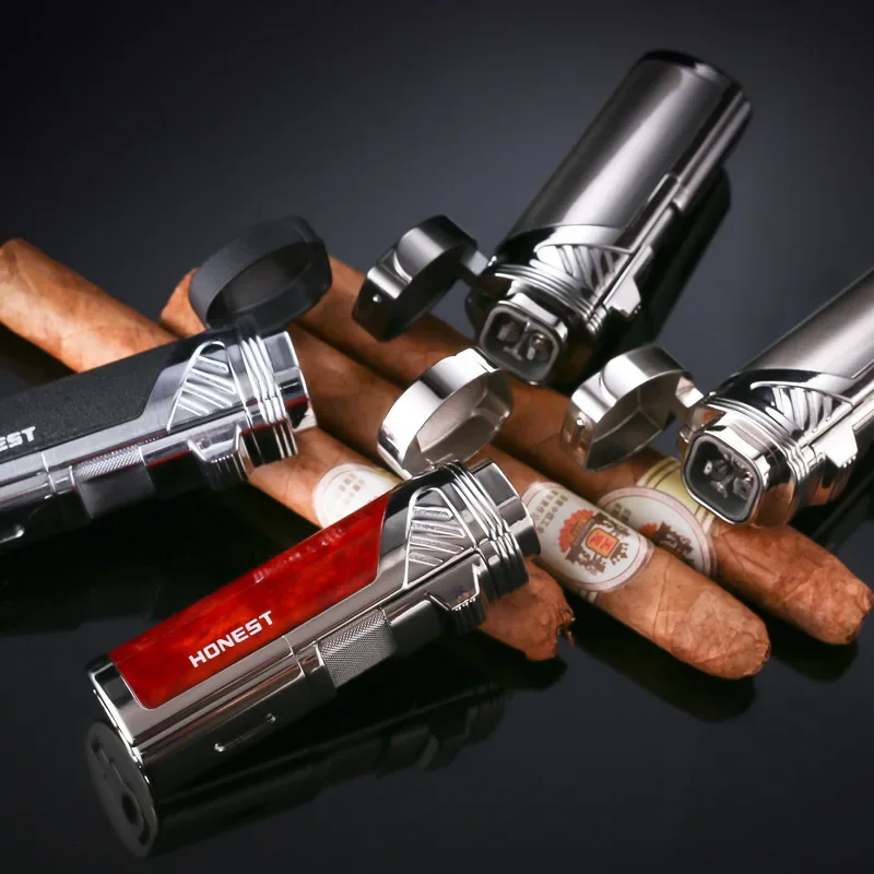 Фото HONEST 4, пожарная надувная зажигалка для сигар, металлический резак для сигар, бутановая струя турбо-факел, зажигалка, аксессуары для сигар, мужские подарочные гаджеты №4