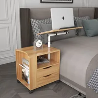 Simple Sturdy Design Height Adjustable Overbed End Table Wooden Nightstand with Swivel Top Storage Drawers Wheels and Open Shelf
