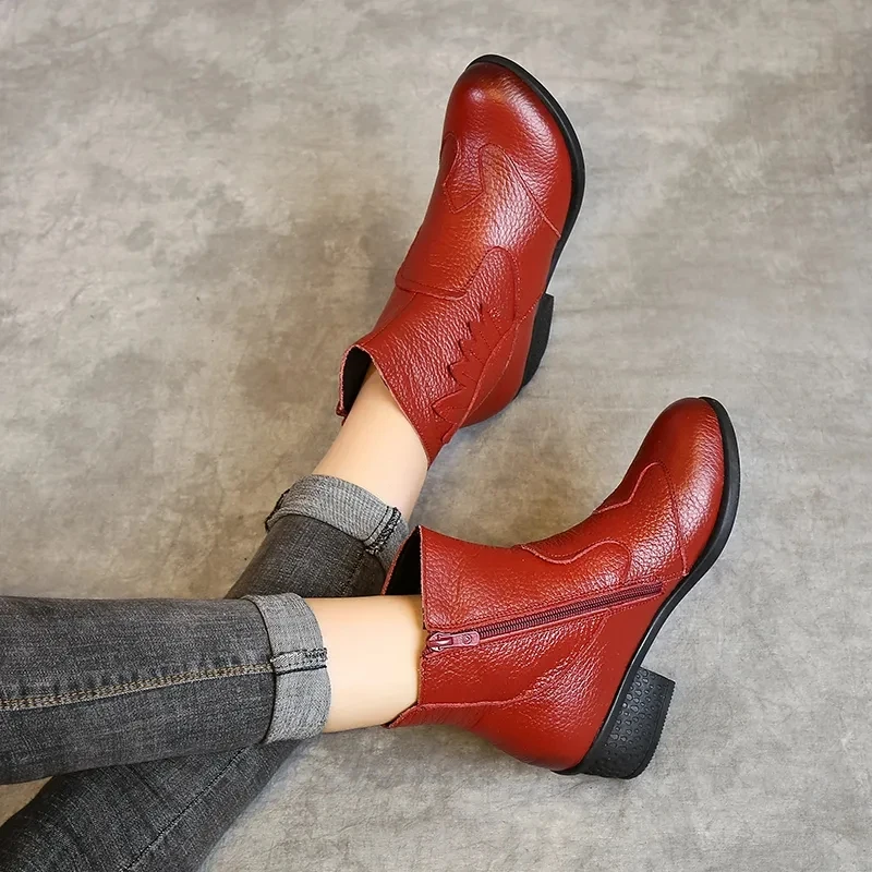 Retro Leather Concise Boots Women's Low Heels Fur Shoes Ladies Fashion Round Head  Red Booti Black Short Boots