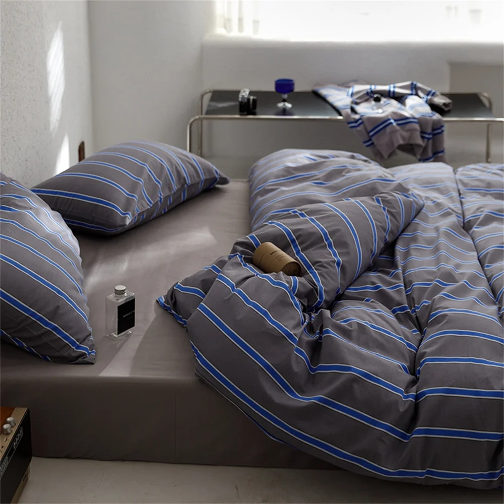 

Svetanya Nordic Grey Blue Lines Stripes Duvet Cover Set Cotton Queen King Size Bedding Set Bedlinens Fitted Sheet Pillow Cases