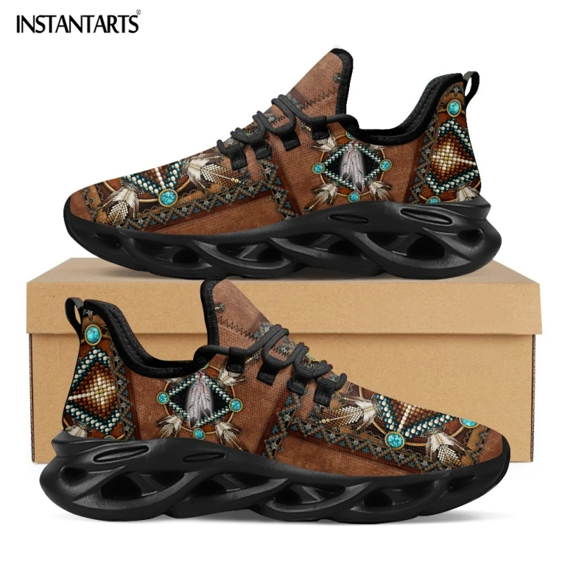 

INSTANTARTS African Tribal Pattern Ladies Mesh Swing Sneakers Comfort Lace up Platform Shoes Lightweight Sport Shoes for Women