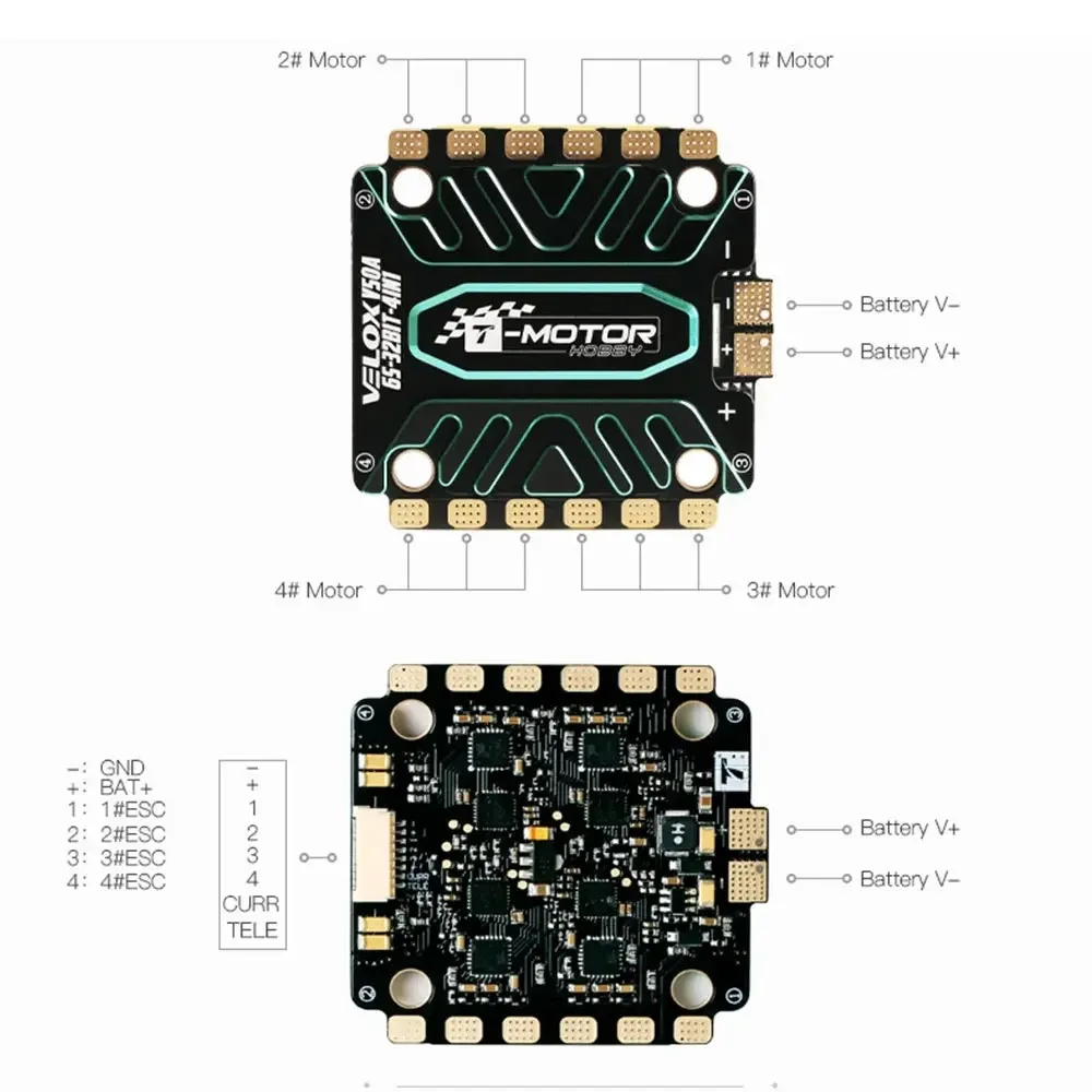 Фото T-Motor VELOX V50A ESC 50A 32-битный BLHELI32 3-6S Lipo с креплением 30,5 мм для FPV-дронов для гонок №4