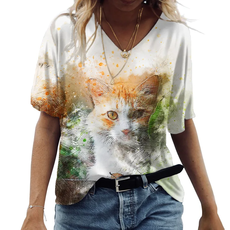 

Women's Vintage Clothes New Oversized T-shirt 2023 Harajuku Spring Summer Tees Casual Short Sleeve V-Neck Cat 3D Print Top