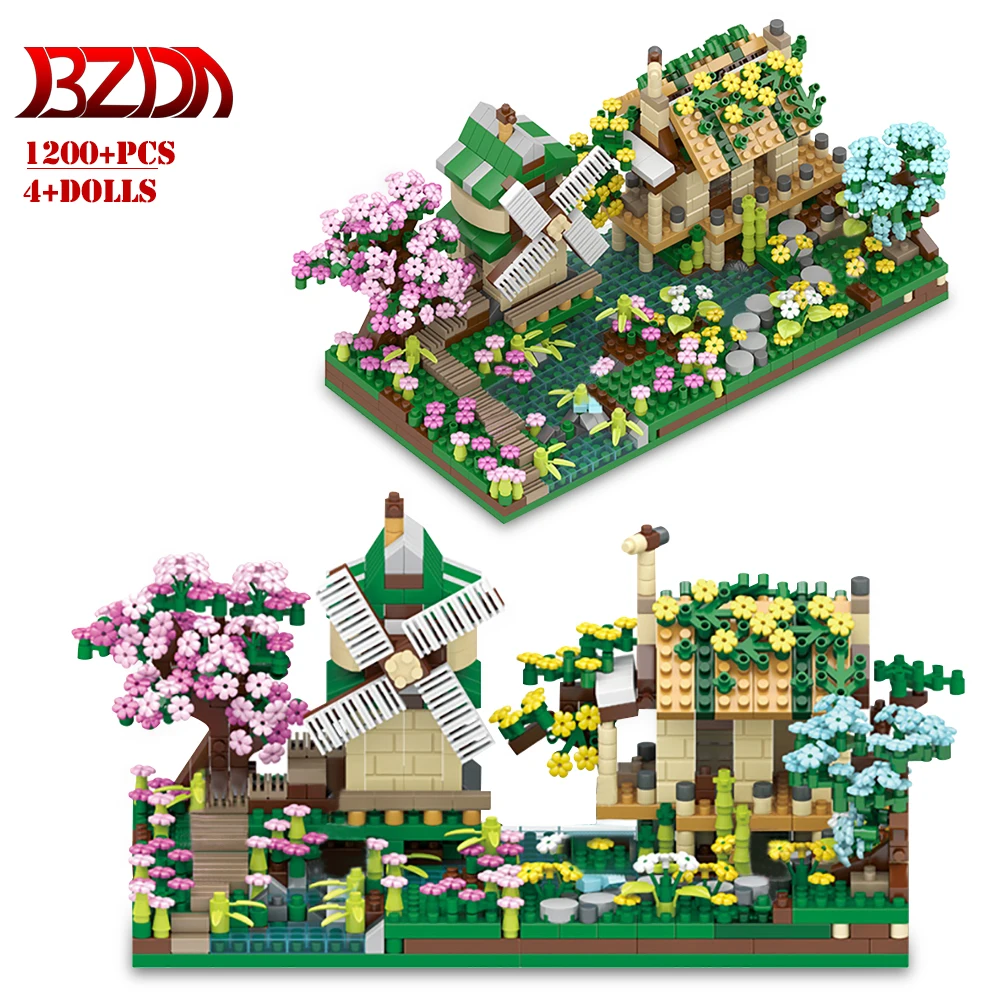 

BZDA Mini City Street View Sakura Windmill Building Blocks Fisherman's Cottage Tree Assemble Bricks Adult Toys Gift For Friend