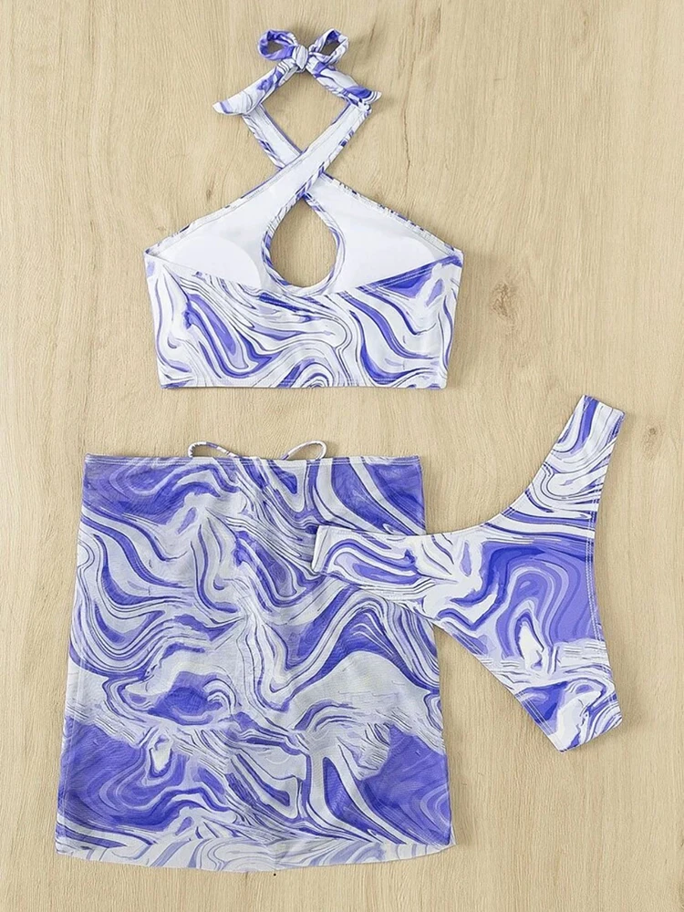2023 Printed 3 Three Pieces Set Mesh Swimsuit Women Halter Micro Bikini High Waist Swimwear Sexy Solid Beachwear Bathing Suit