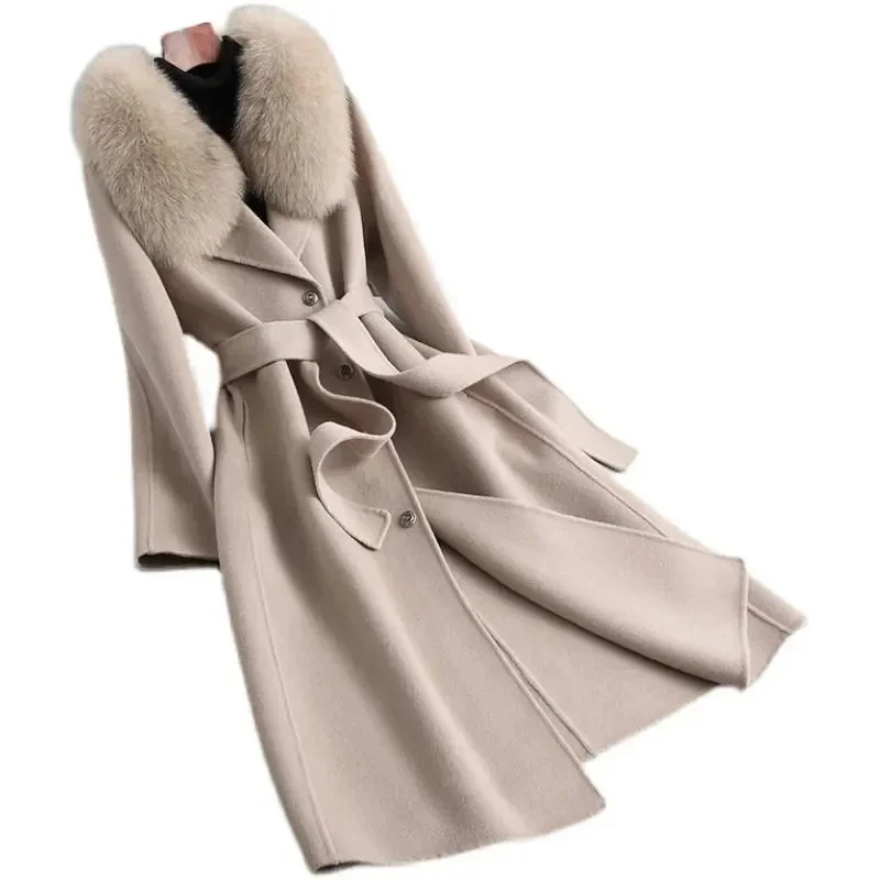 

Женское длинное кашемировое пальто, элегантная приталенная кашемировая куртка с воротником из натурального меха лисы, зима 2023