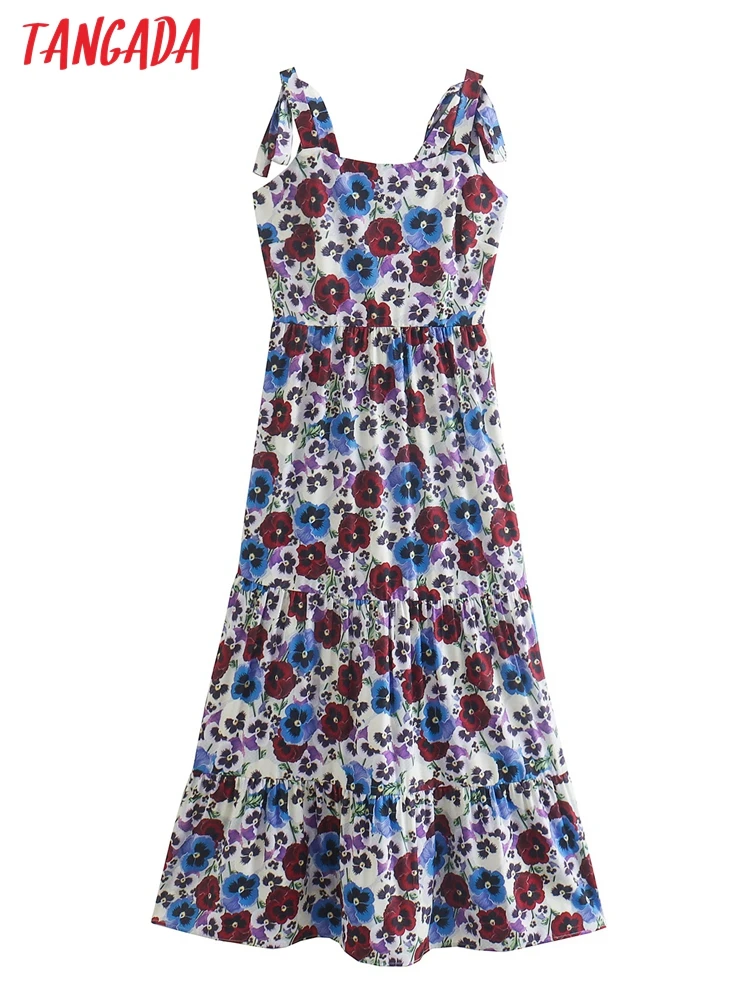 

Tangada 2022 Fashion Women Vintage Flowers Print Summer Dress Bow Strap Sleeveless Ladies Long Beach Dress XN64