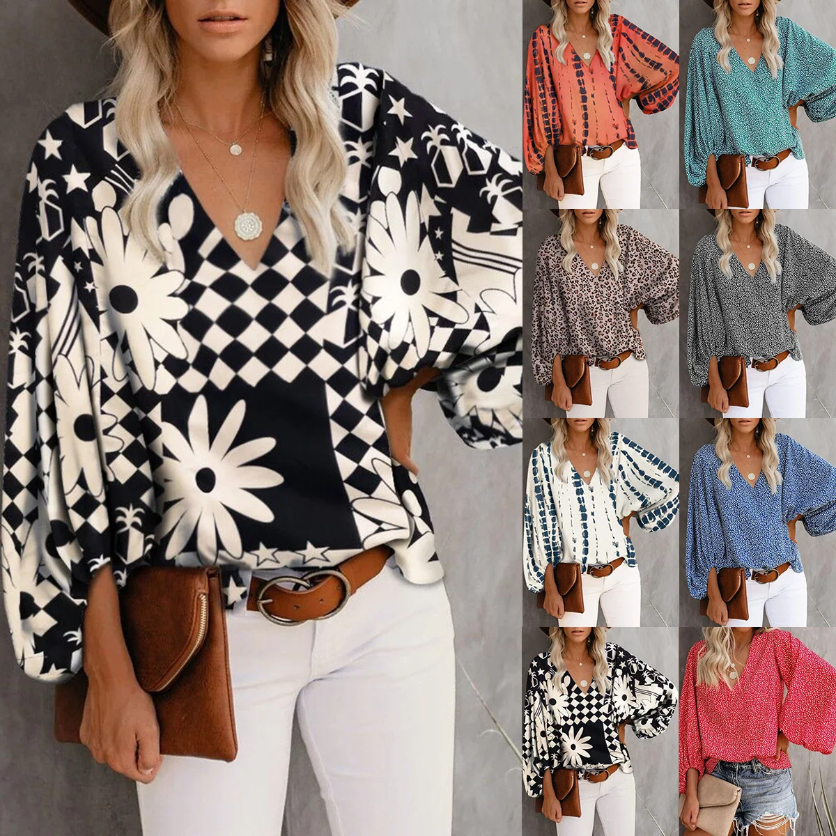 

2022 New Summer Casual T-shirt, V Collar Shirt Printing Lantern Sleeve Top