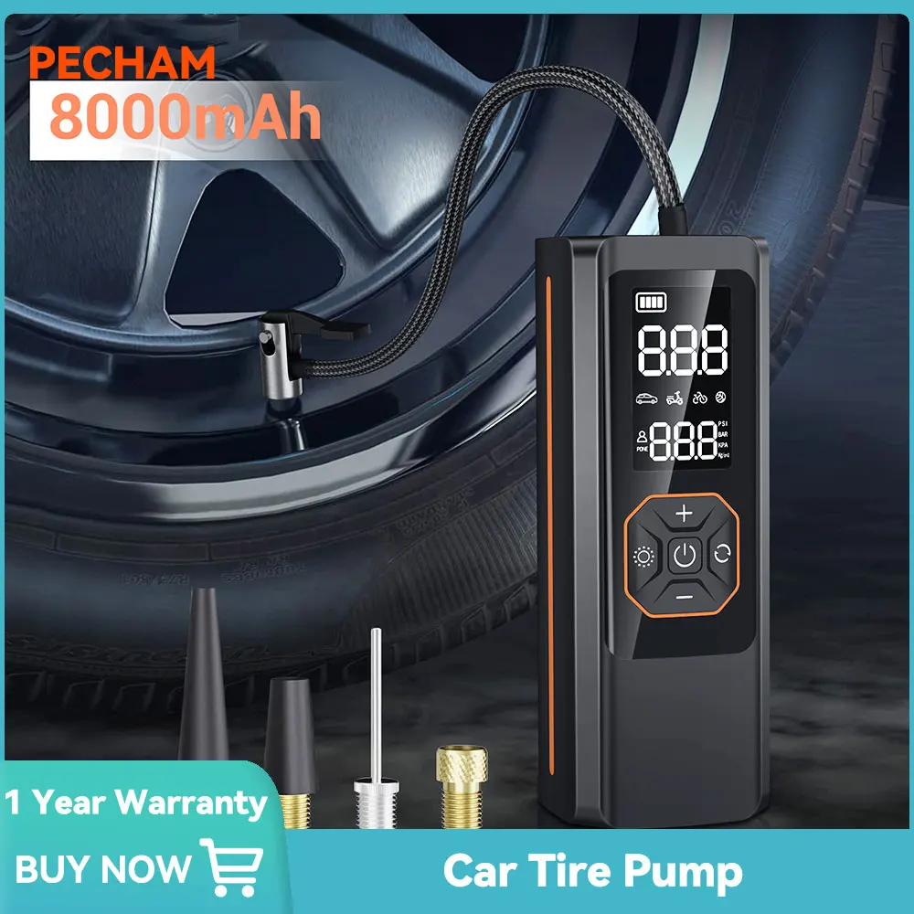 PECHAM Tire Air Pump 8000mAh Car Tire Compressor Tyre Inflator Electric Inflatable Portable Compressor for Motorcycle Bicycle