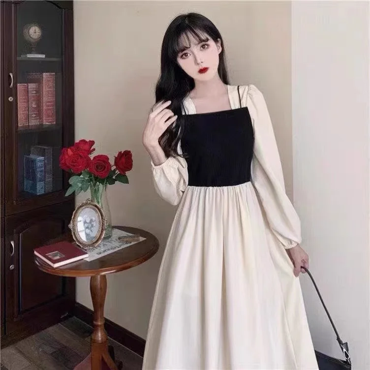 

Dresses For Women French Design Retro Grace Style Dress Square Neck Lantern Sleeves Slim Stitching Contrast Color Long Skirts