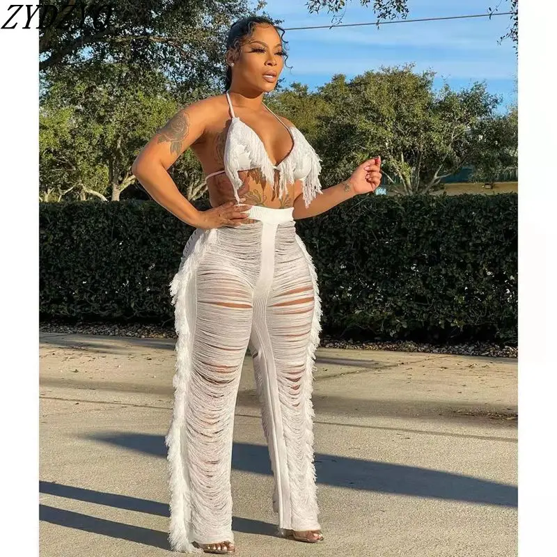 

Summer Clothes 2 Pieces Set Sexy Tassel Knit Bikini Top+Pants Sets Beach Outfits for Women Lounge Vacation Streetwear Wholesale