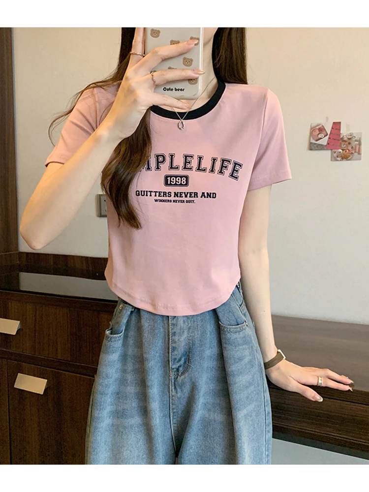 

Women Summer T-Shirts Temperament American Short Sleeve New Versatile Contrast Color Slim Fit Raglan Sleeve Short Top D3589
