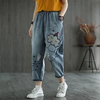 embroidered jeans womens casual loose elastic high waist harem denim pants blue vintage cropped baggy trousers