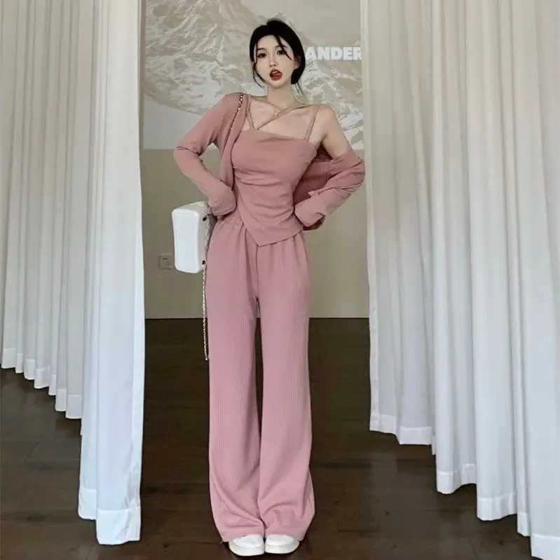 

Новинка 2023, кардиган, пальто, жилет на бретельках неправильной формы, прямые брюки-трубы с высокой талией, прямые брюки с широкими штанинами для девочек, для спорта и отдыха