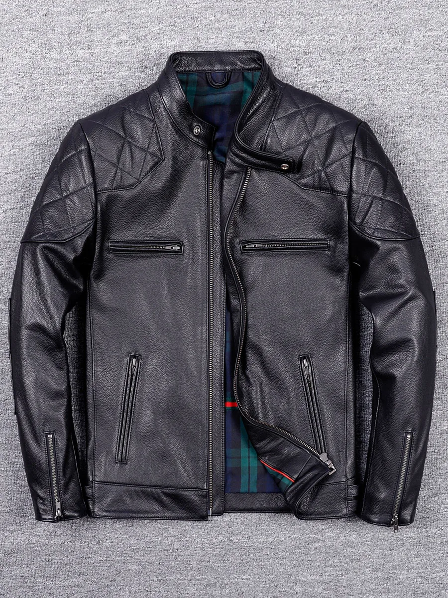 Xiaobei Cowhide Leather Clothing Young Men's Short Stand Collar Leather jacket Korean Sle Slim fit Single C...