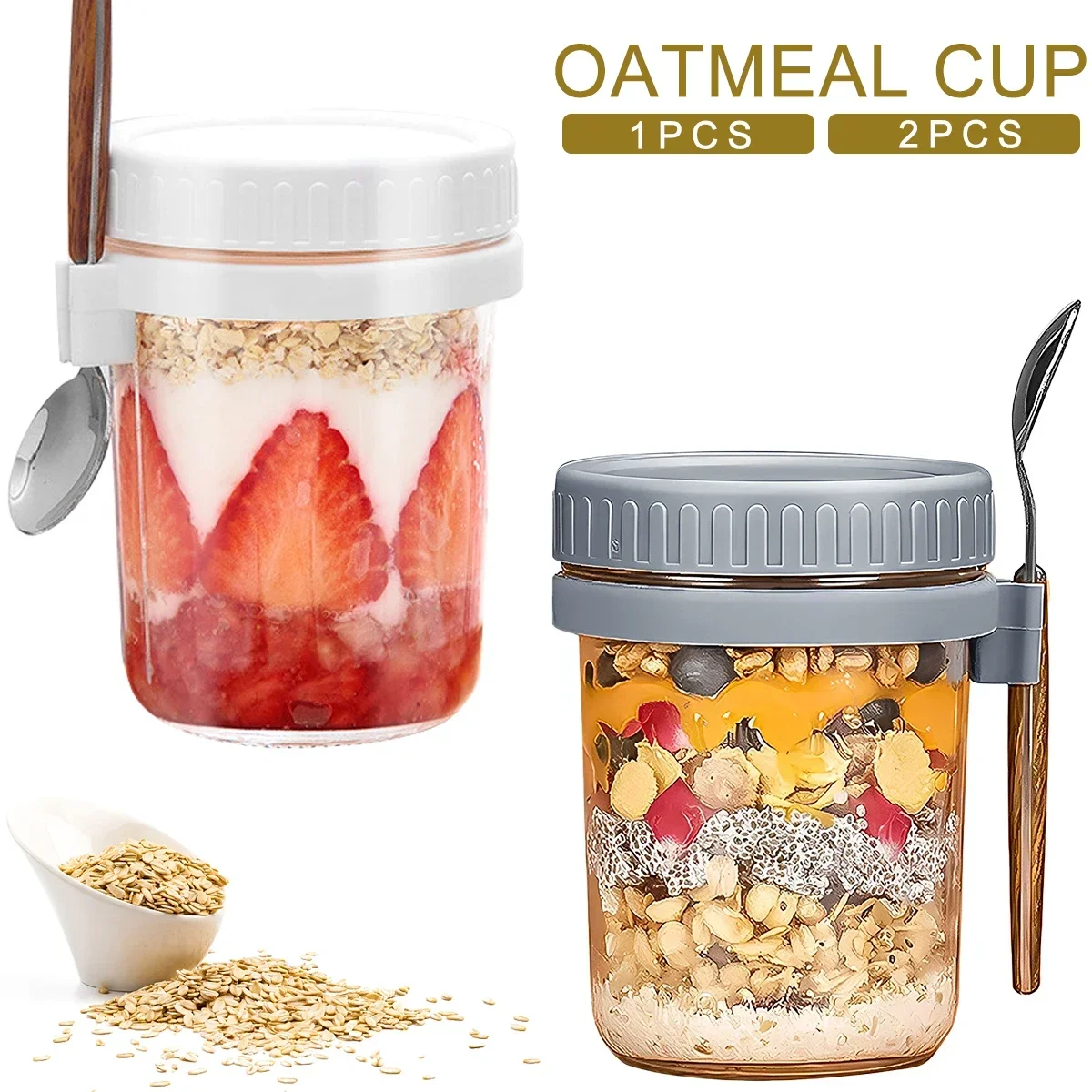 

Breakfast Cup Container 10oz Airtight Oatmeal Jar with Cover Spoon Portable Oatmeal Cup Wide Mouth Mason Jars for Salads Cereal