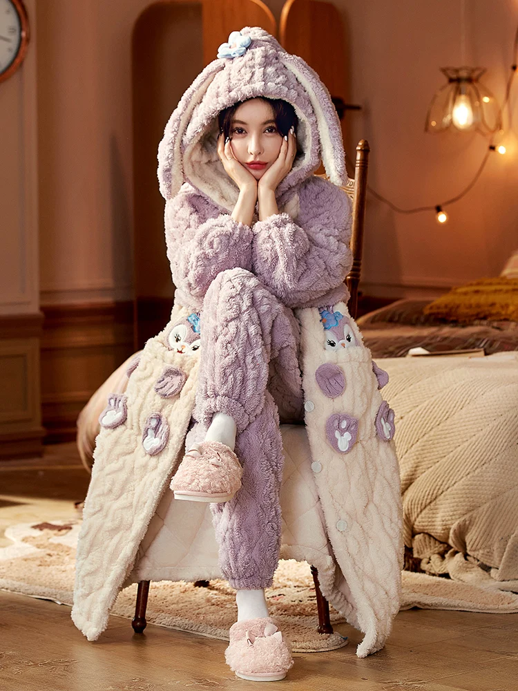 Oimg Lou Pajamas Women Cotton Autumn Three-Layer Quilted Winter Thickened Fleece-lined Coral Fleece Nightgown Can Be Wo...