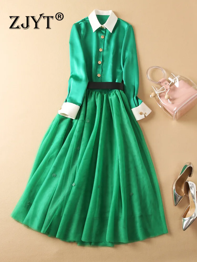 

ZJYT Fashion Celebrity Party Green Outfits for Women 2022 Spring Runway Dress Suits Midi Mesh Skirt and Blouse Set Elegant Lady