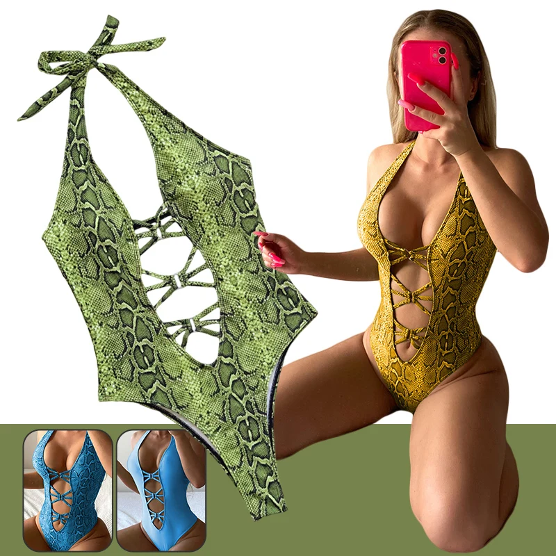 

Women's Sexy Bathing Suits Surf One Piece Criss Cross Tie Knot Front Deep V Open Back Leopard High Waist Cut Out Halter Swimwear