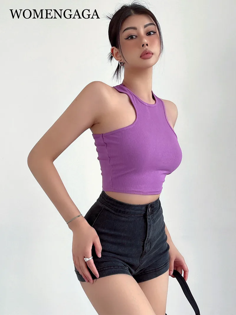

WOMENGAGA Spicy Girls Slim Elastic Backless Racerback Tank Top Women Solid Short Sports Sweet Fashion Women Tops Top HP3V