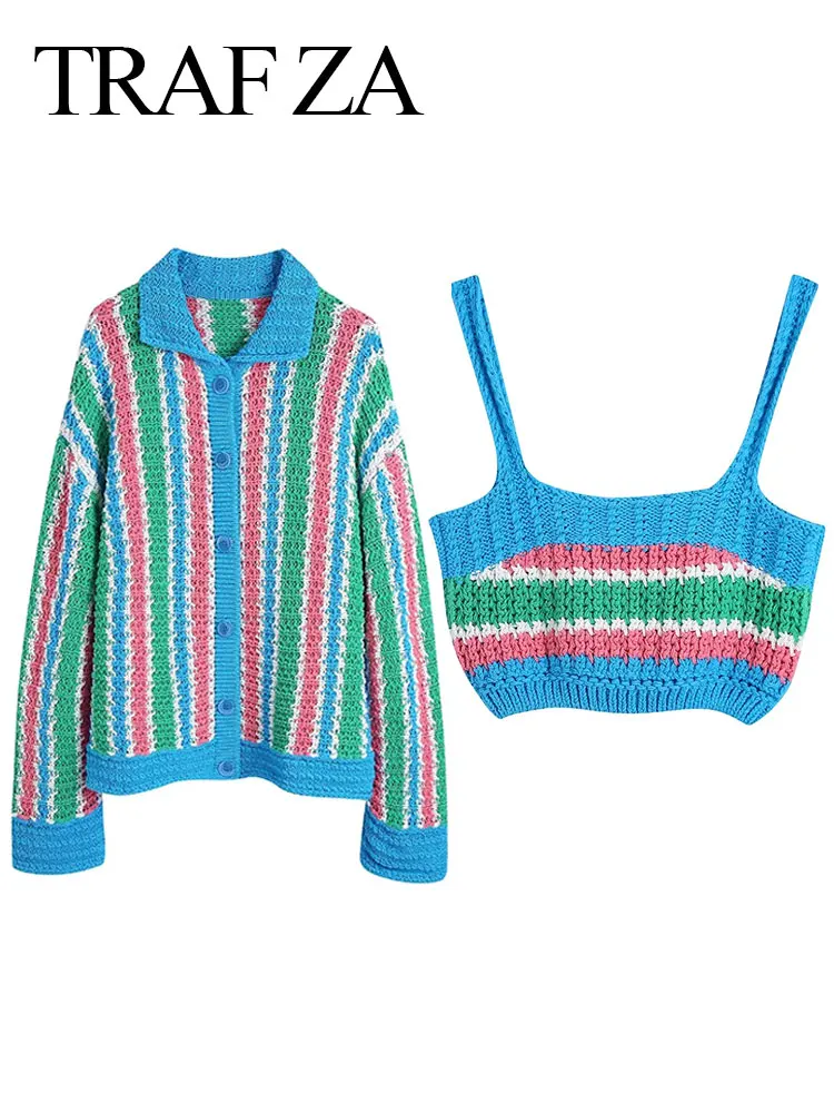 

TRAF ZA Fashion Sweater Set Camisole Short Pullover Sleeveless Tube Top Vest + Cardigan Lapel Long Sleeve Vertical Striped Coat