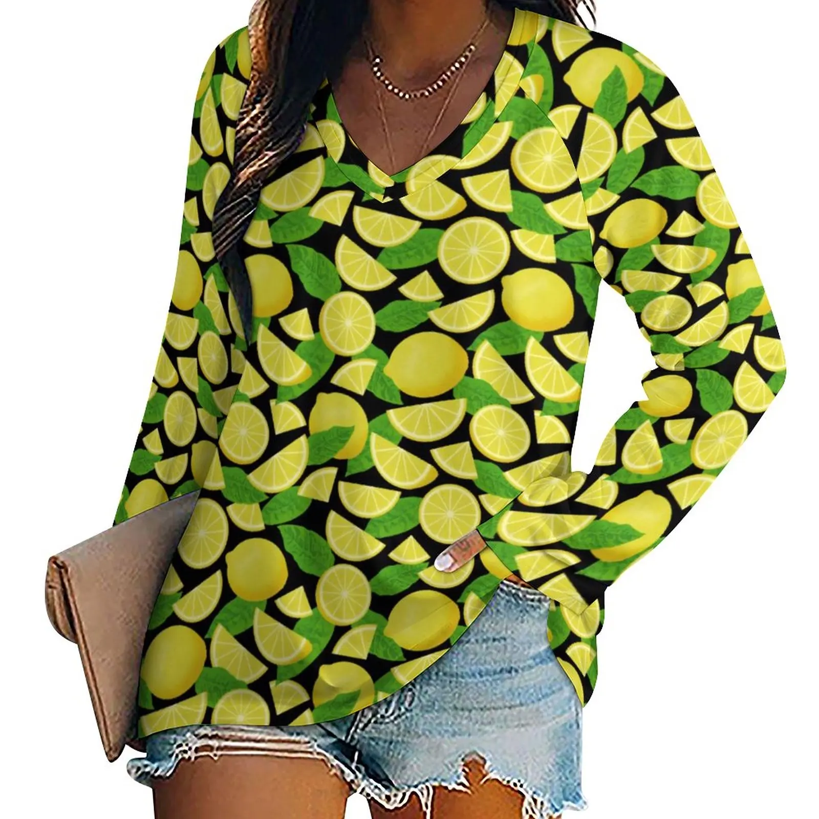 

Желтая футболка с принтом лимона, Забавные футболки с длинным рукавом и зелеными листьями, Женская Повседневная футболка с V-образным вырез...