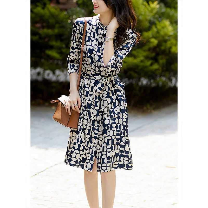 

Летнее платье, женская одежда, платье из 100% натурального шелка, женское облегающее платье средней длины с поясом и принтом, модель Zm3311, 2023
