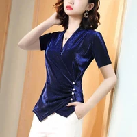 vintage v neck solid color folds irregular button plus size shirt short sleeve commute tops elegant womens clothing blouse