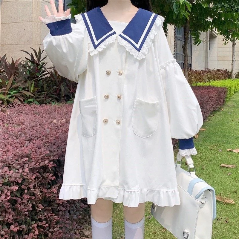 

Преппи студенты Лолита матросский воротник с оборками лоскутное платье с длинными рукавами-фонариками японские милые девушки мини